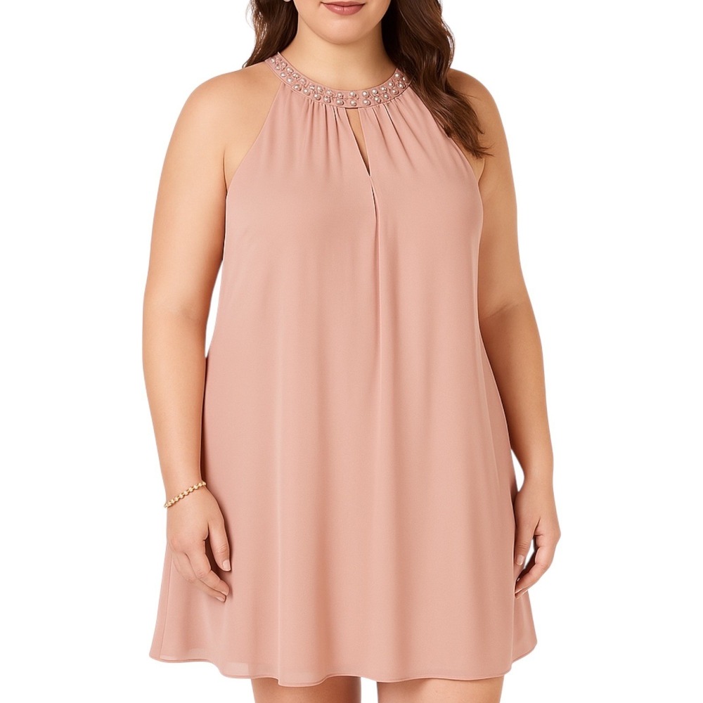 SL Fashions Womens Blush Pink Pearl Embellished Halter Shift Dress 12 Coquette L